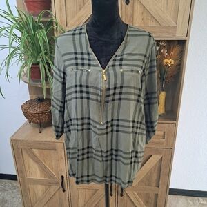 Miss Lili Shepherd Plaid Tunic Green Black Zip Front 3/4 Sleeve Western
